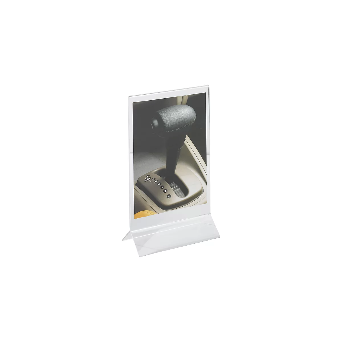 Transparent acrylic stand showing a photo of a car gear lever.