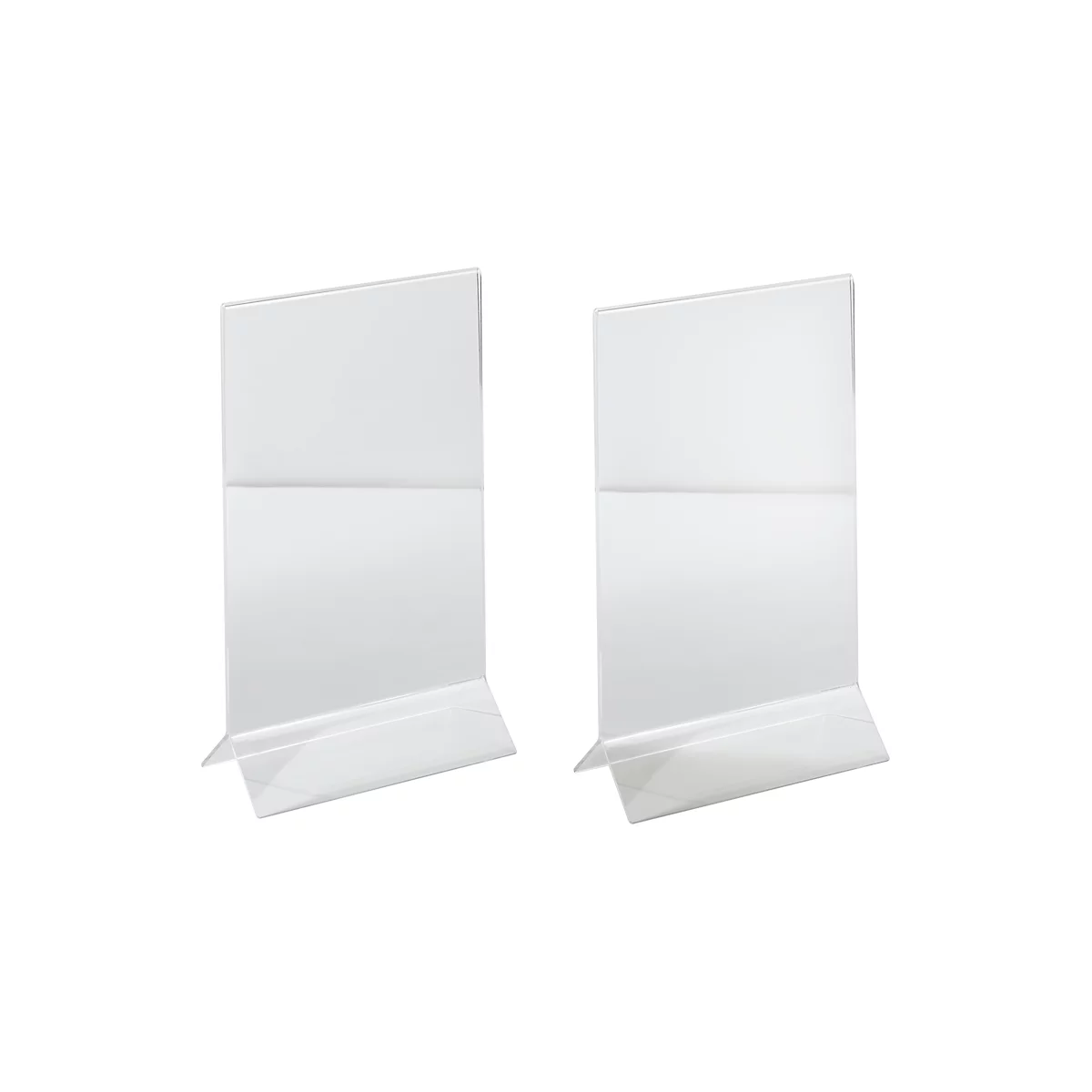 Two clear acrylic table stands, slightly angled, for information or advertising.
