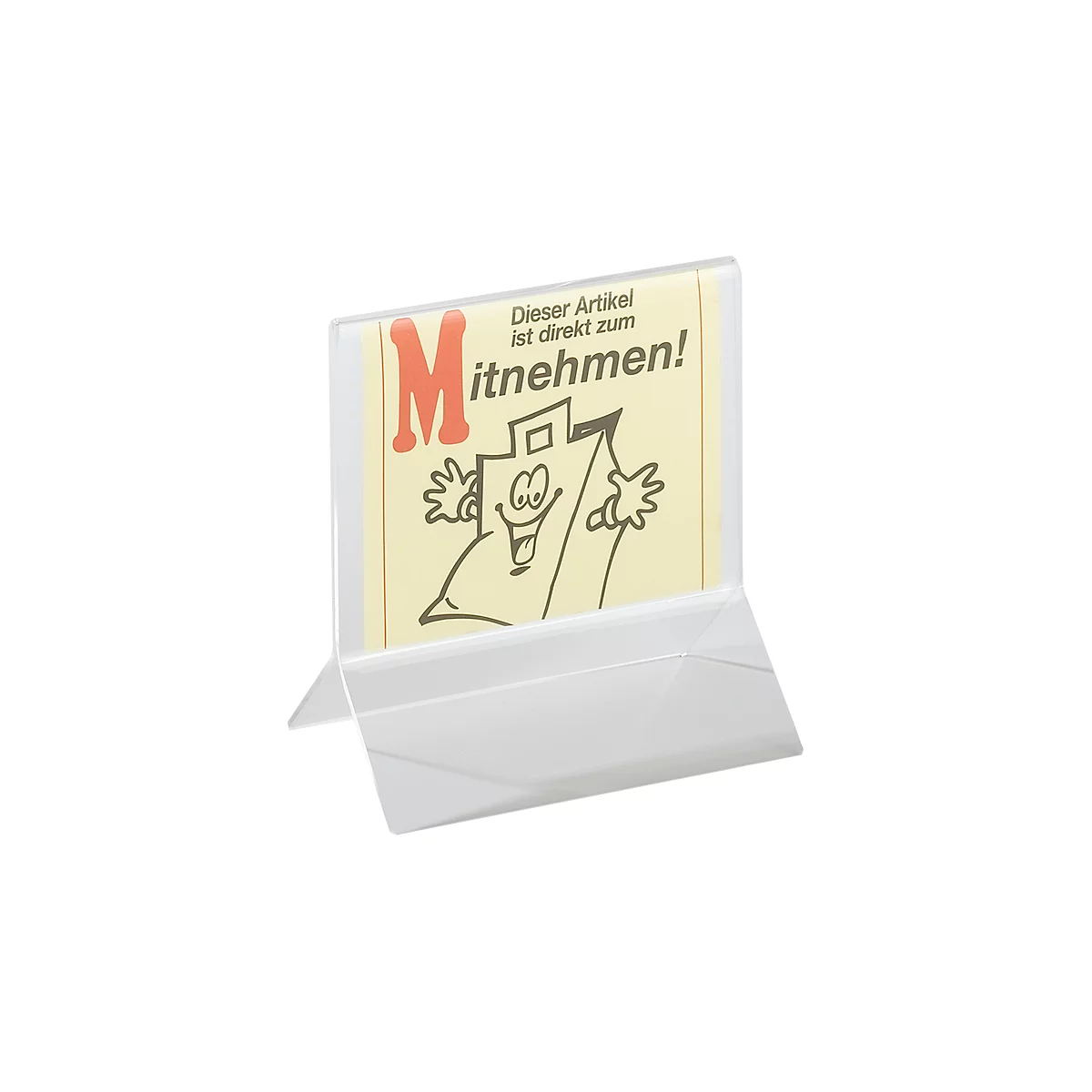 Transparent table display with the advertising message "Take away!". A comic bag with arms and legs is depicted on yellow paper.