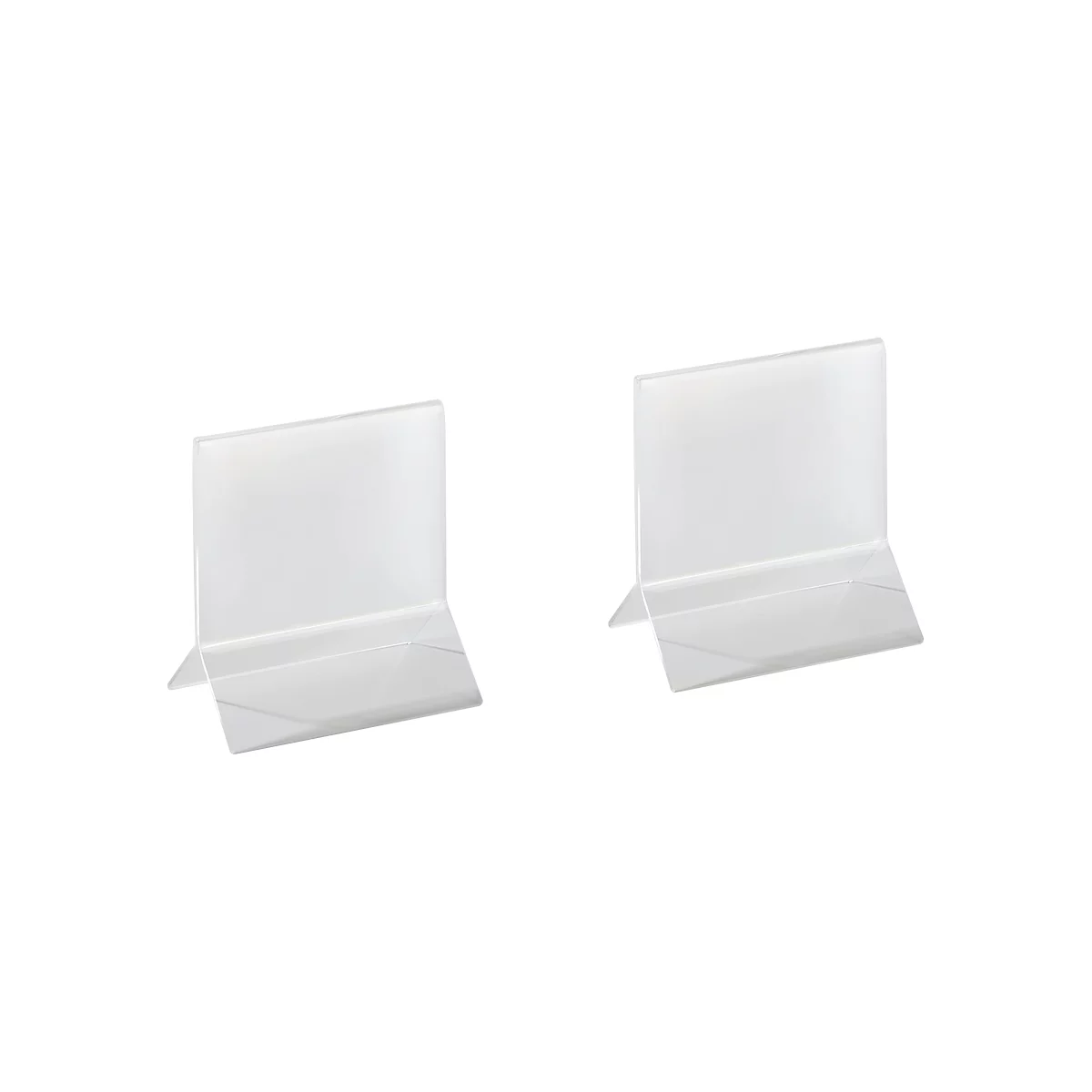 Two transparent acrylic table displays against a white background. Each features a rectangular plate and a stable base.