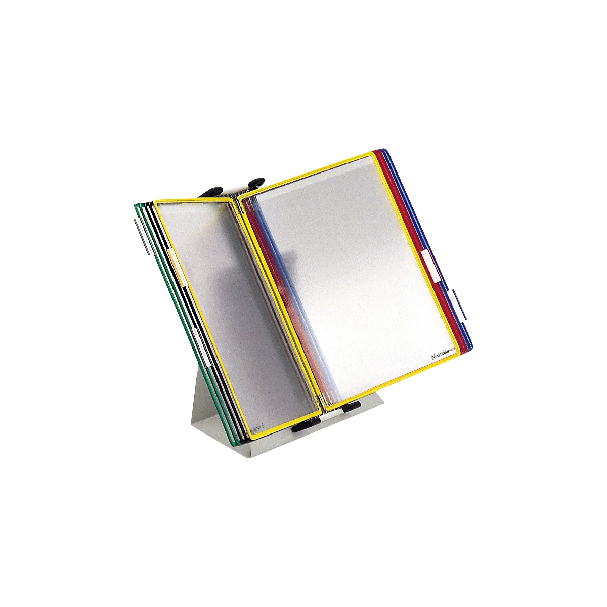 A presentation stand with colored folders. Yellow, red, blue, and green accents on the edges.