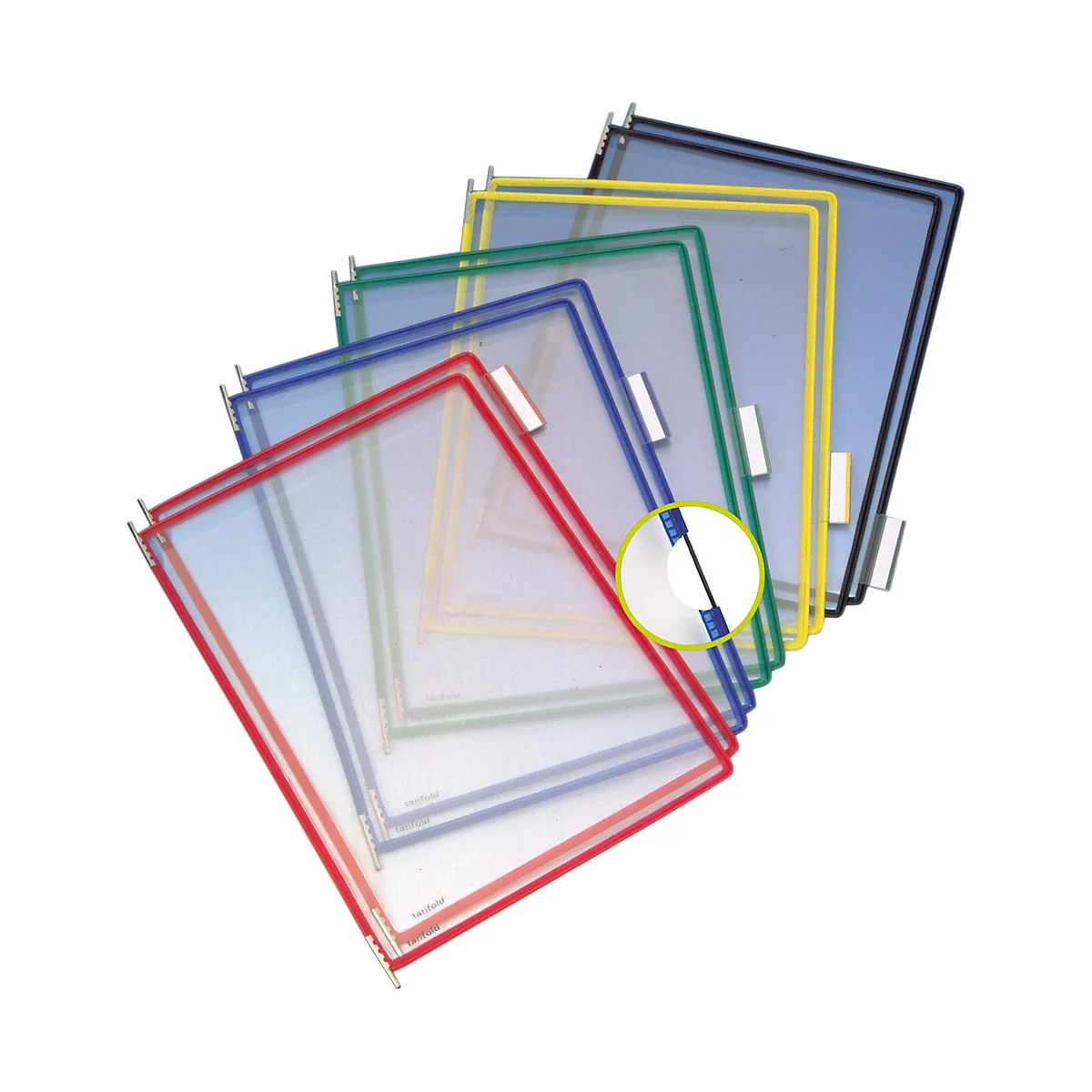 Several document folders in different colors, with metal clips.