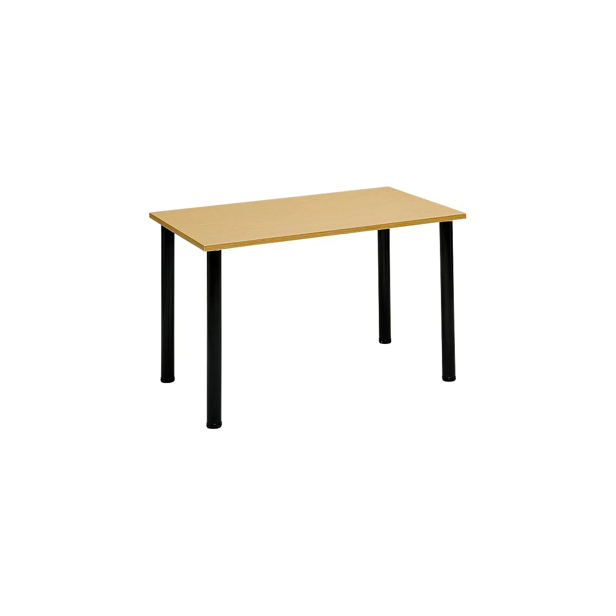 Rectangular desk with a light brown table top and black, cylindrical legs.
