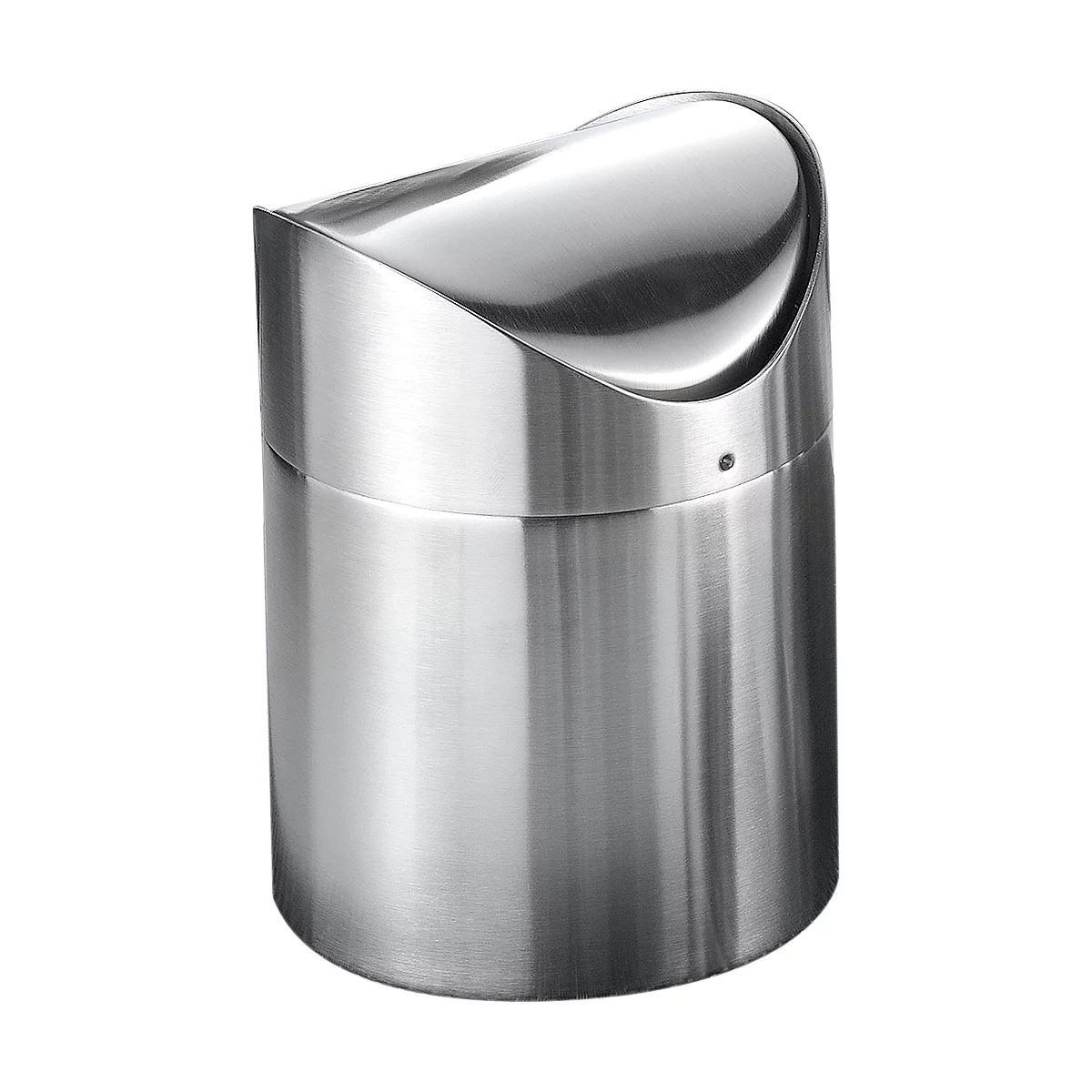 Stainless steel trash can with angled flap.
