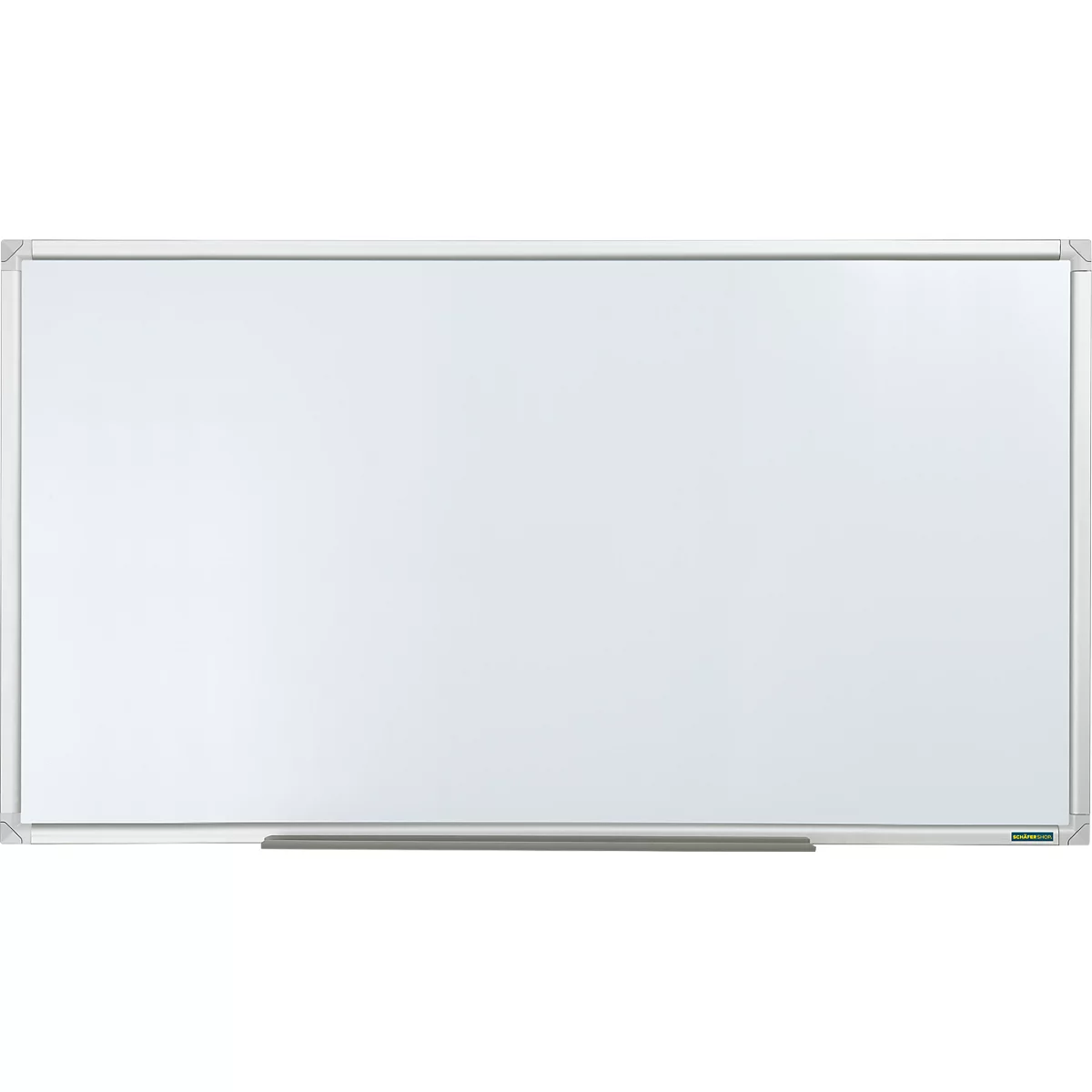 Tableau blanc rectangulaire avec une surface d'écriture blanche et un cadre en métal argenté.