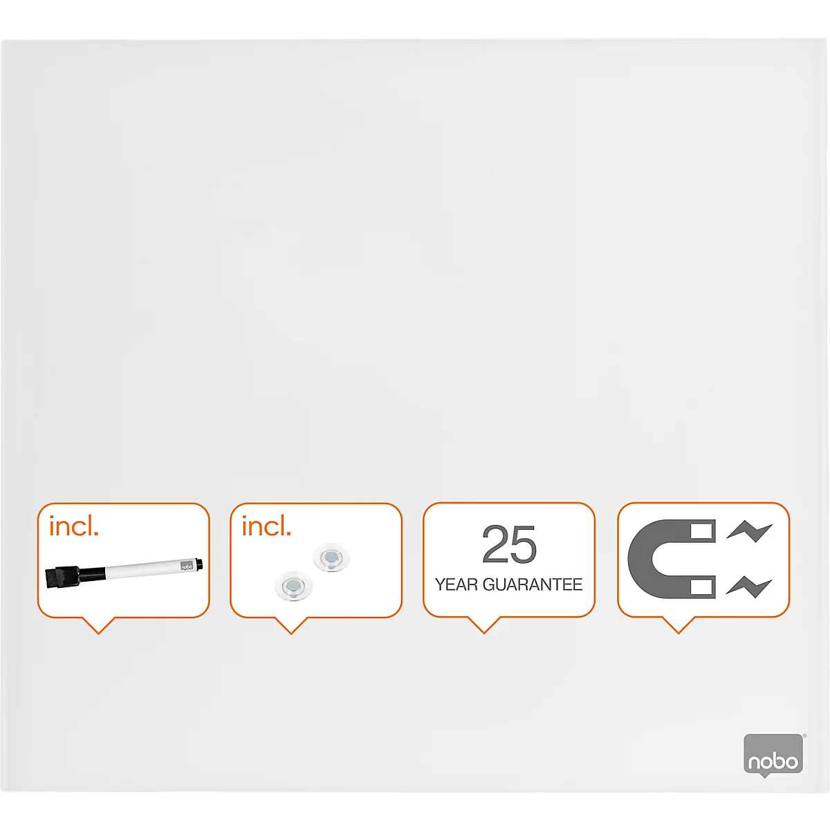 Tableau blanc en verre Nobo, verre de sécurité, sans cadre, magnétique, L 450 x H 450 mm, blanc