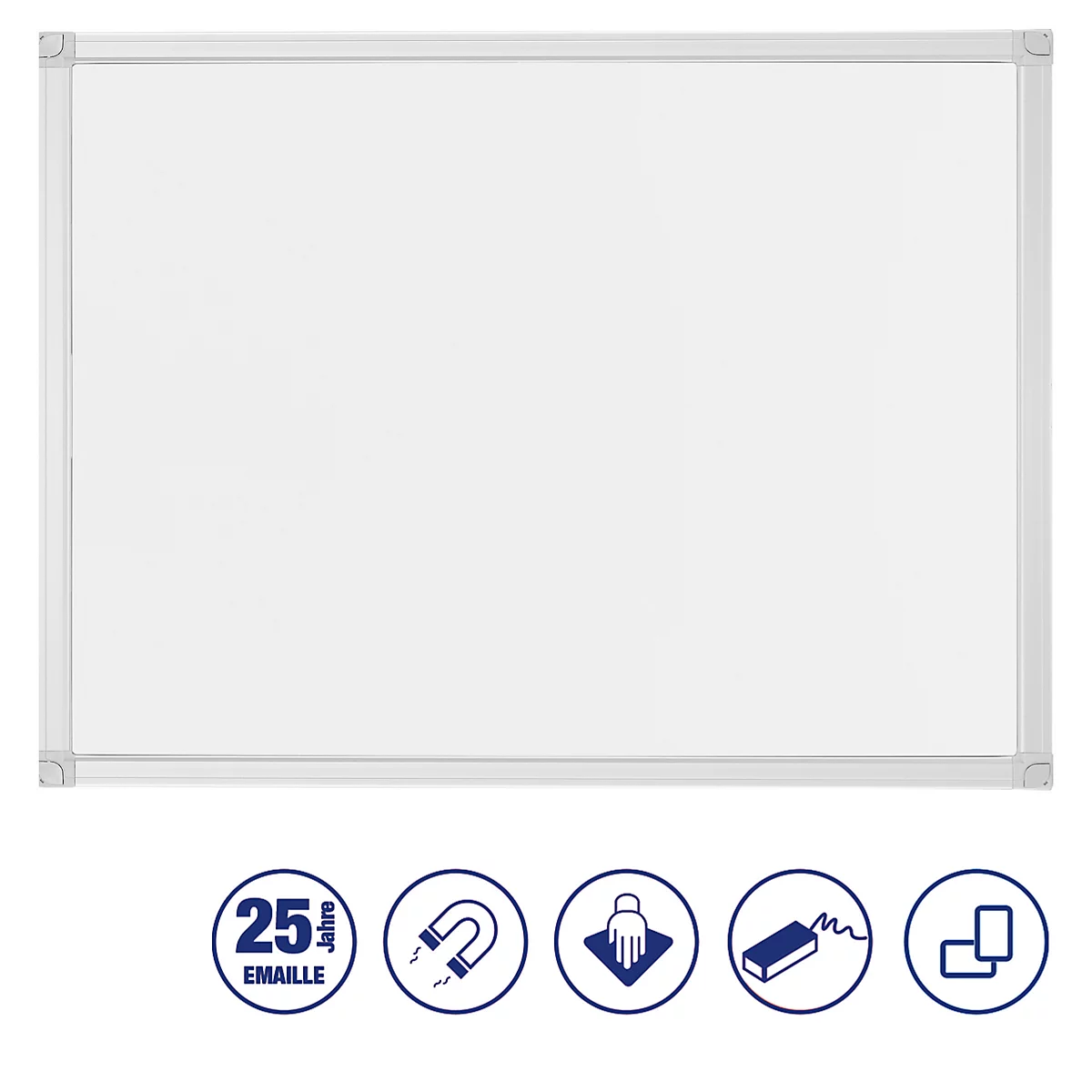 Grand tableau blanc rectangulaire avec un cadre argenté. En dessous, des icônes : aimant, effaçable, 25 ans d'émail.