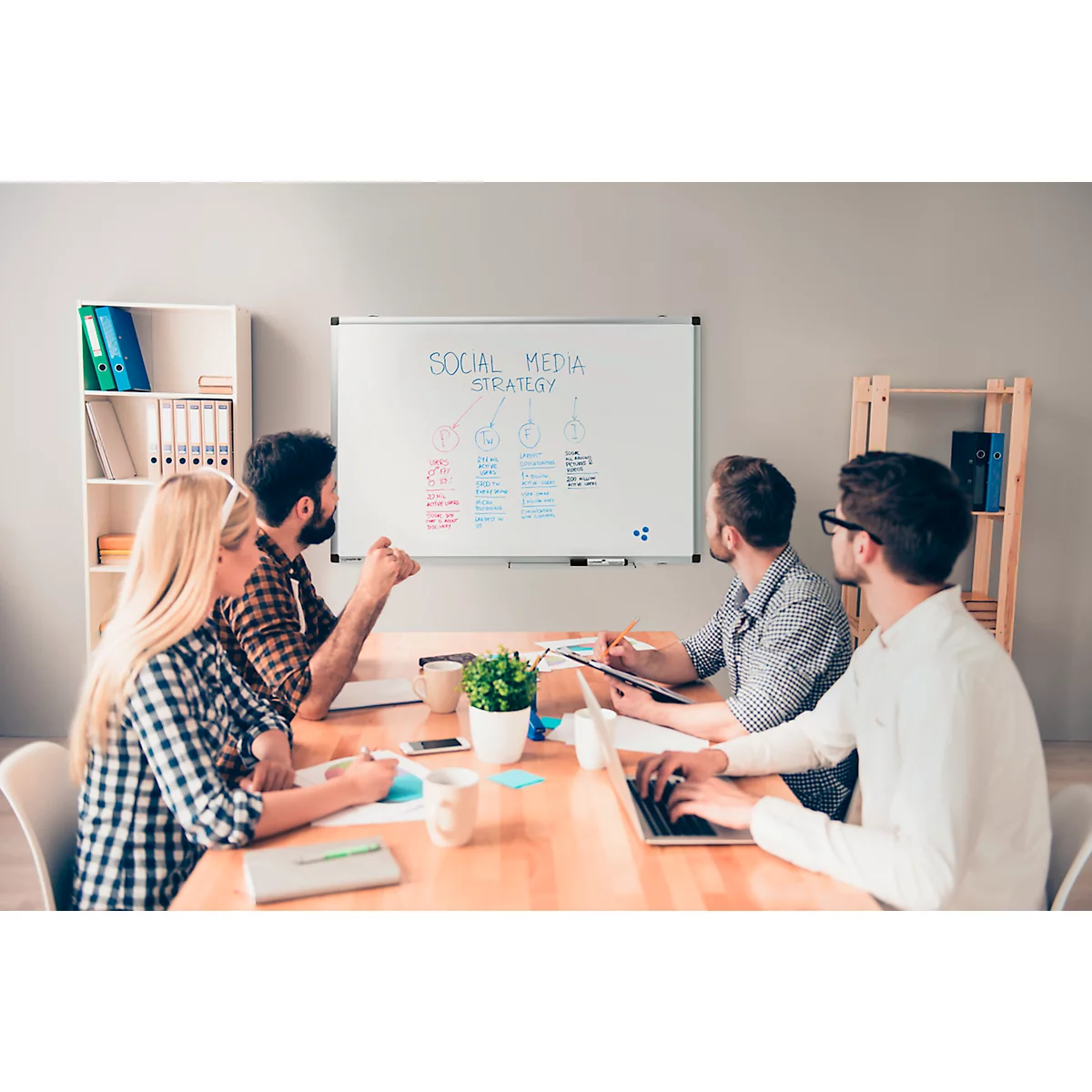 Équipe assise à une table discutant de la stratégie des médias sociaux. Tableau blanc avec diagramme, notes, ordinateur portable.