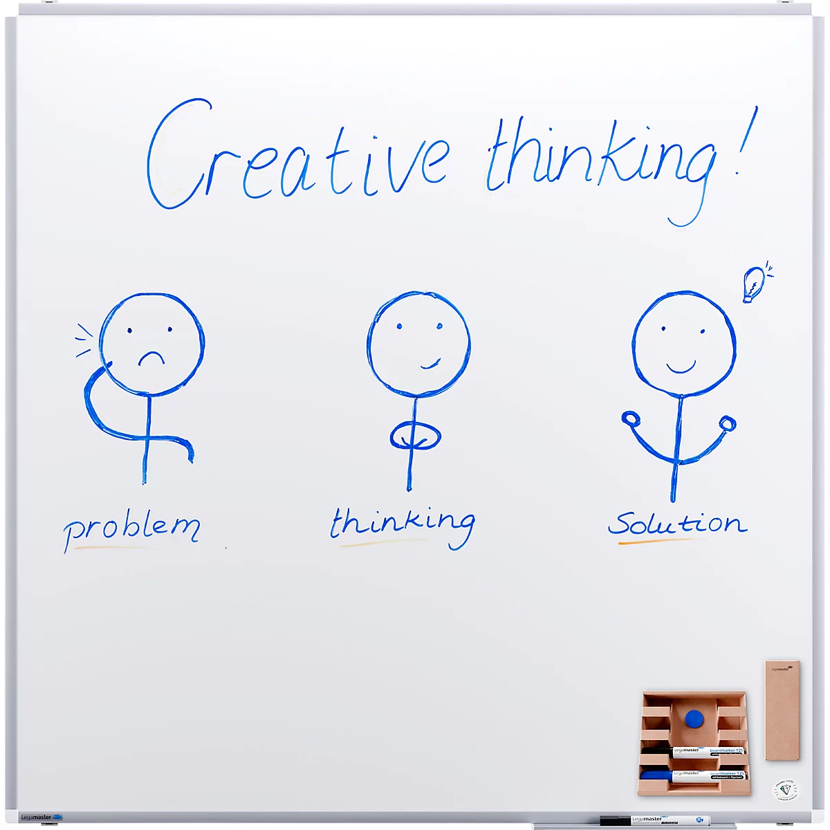 Sur un tableau blanc, trois bonshommes avec des mots-clés : problème, réflexion, solution. Titre : Creative thinking !