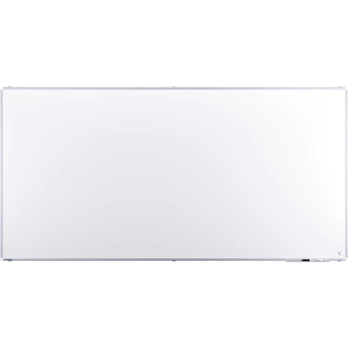 Grand tableau blanc rectangulaire avec un cadre argenté. Une petite section noire est visible en bas à droite.
