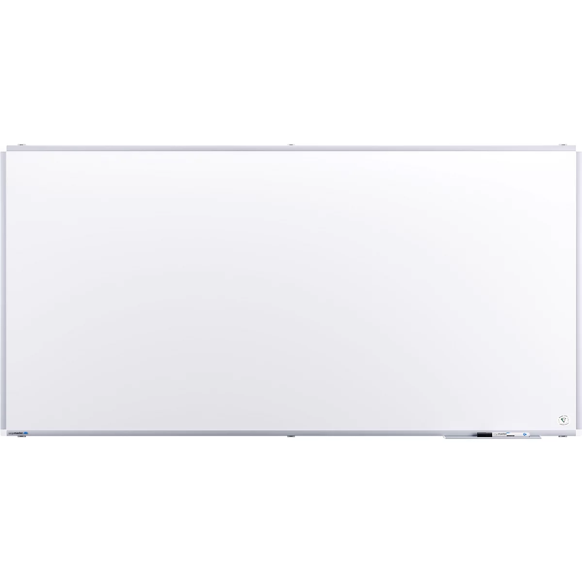 Grand tableau blanc rectangulaire avec un cadre argenté. De petites marques sont visibles en bas à droite.