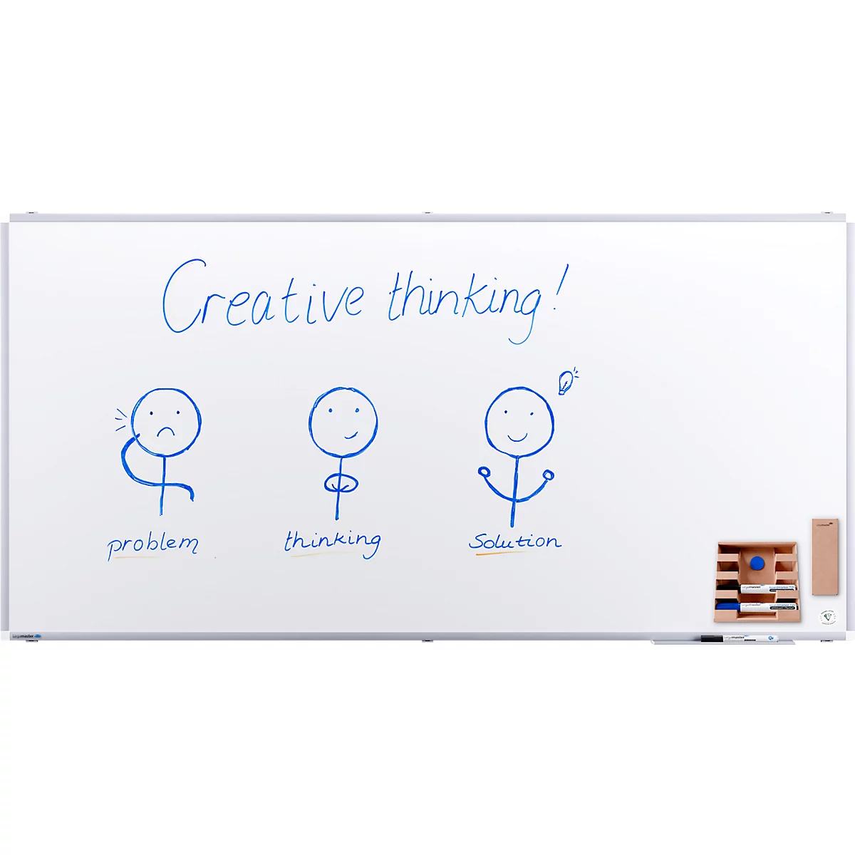 Tableau blanc avec un dessin : problème, réflexion et solution. Texte : Creative thinking !