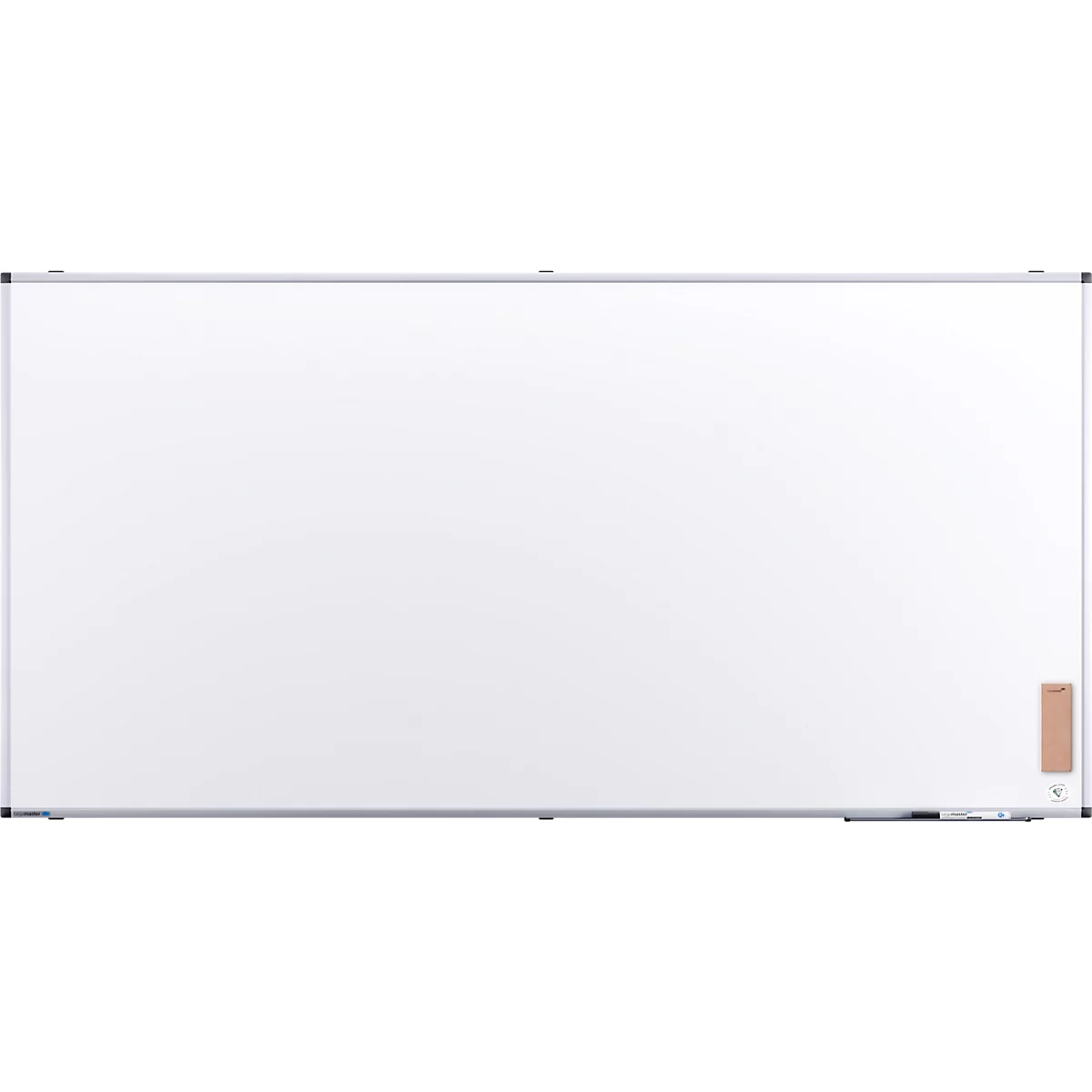 Grand tableau blanc rectangulaire avec cadre argenté. Dans le coin inférieur droit se trouve un petit porte-stylo ou marqueur rectangulaire.