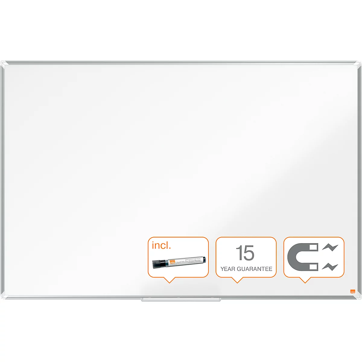 Tableau blanc Nobo Premium Plus, magnétique, avec bac de rangement, L 1500 x H 1000 mm, acier laqué, blanc, marqueur pour tableau inclus