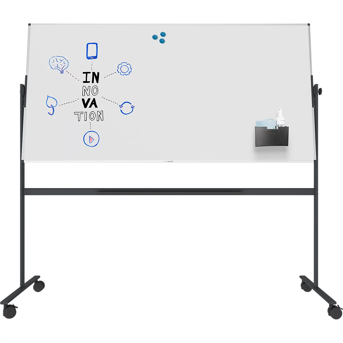 Tableau blanc avec des dessins et le mot INNOVATION. Fixé aux roues.
