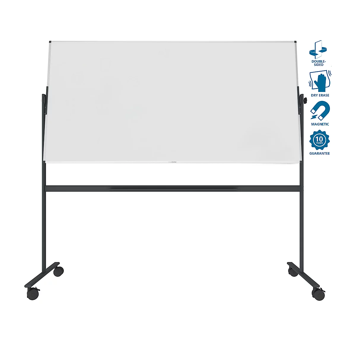 Tableau blanc sur roulettes avec un cadre métallique. Des symboles sont affichés sur le tableau : rotatif, effaçable à sec, magnétique, garantie 10 ans.