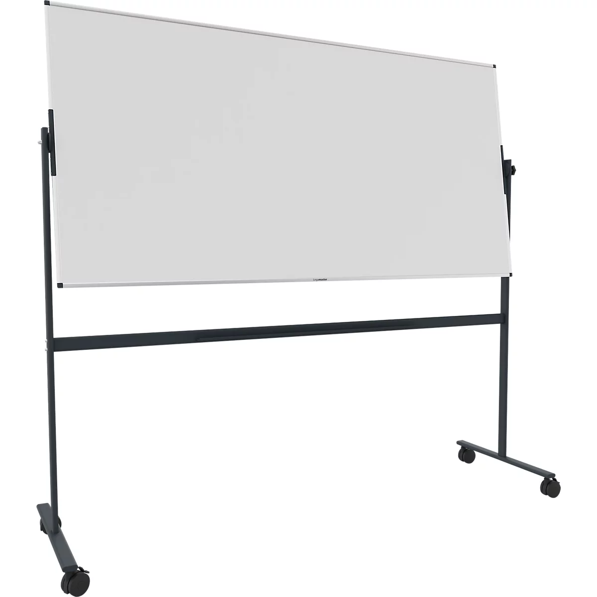 Tableau blanc rotatif sur un cadre noir roulant.