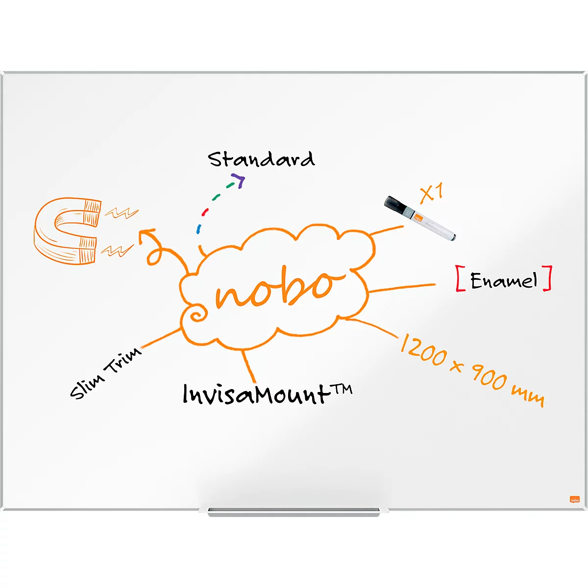 Tableau blanc Prestige nobo - cadre alu - surface émaillée - l. 1200 x H 900 mm - avec auget