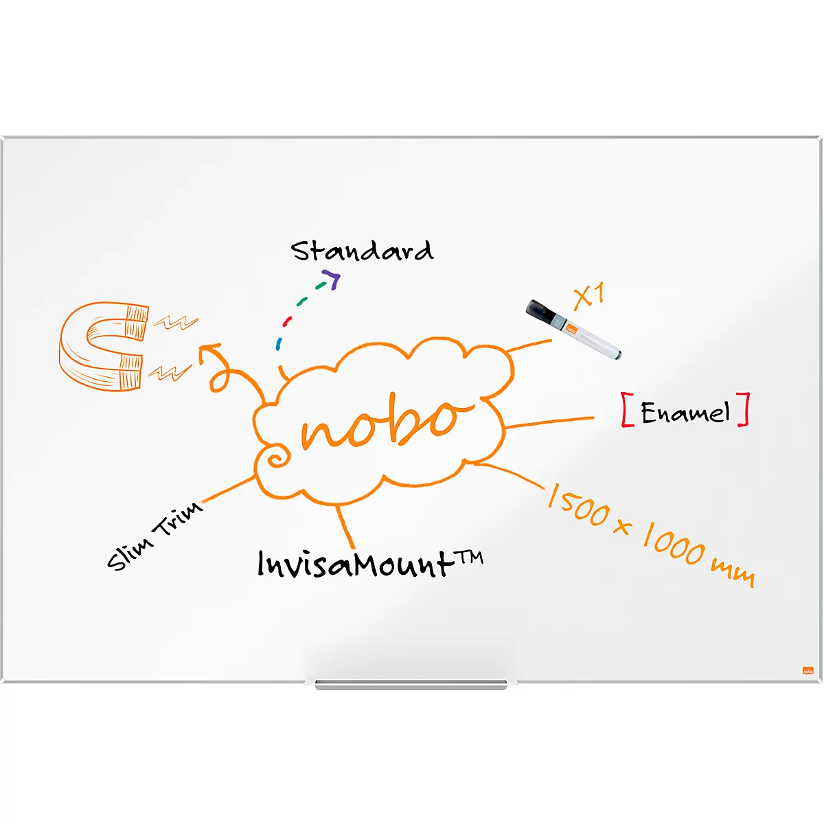 Tableau blanc Prestige nobo - cadre alu - surface émaillée - l. 1500 x H 1000 mm- avec auget