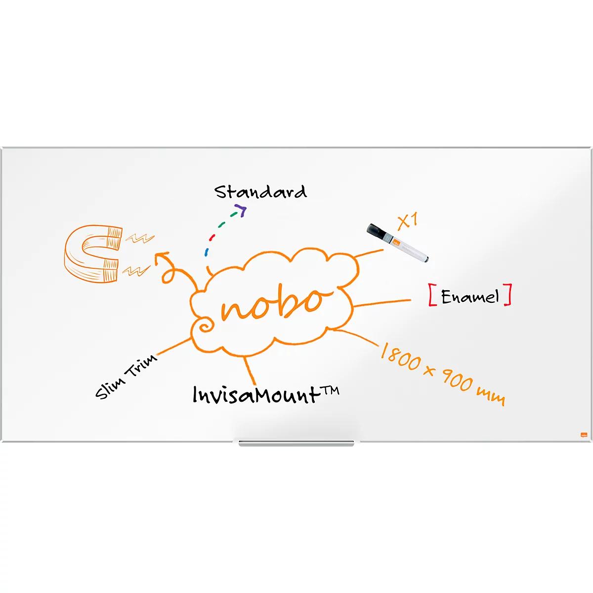 Tableau blanc Prestige nobo - cadre alu - surface émaillée - l. 1800 x H 900 mm - avec auget