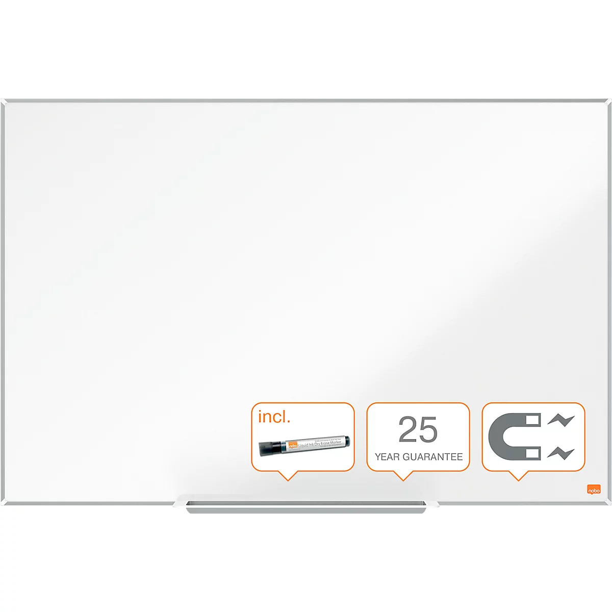 Tableau blanc Prestige nobo - cadre alu - surface émaillée - l. 900 x H 600 mm - avec auget
