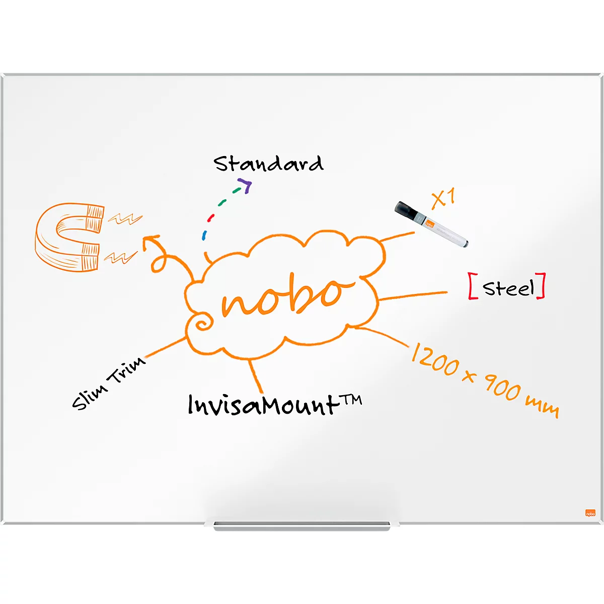 Tableau blanc Prestige nobo - cadre alu - surface Nano Clean - l. 1200 x H 900 mm - avec auget