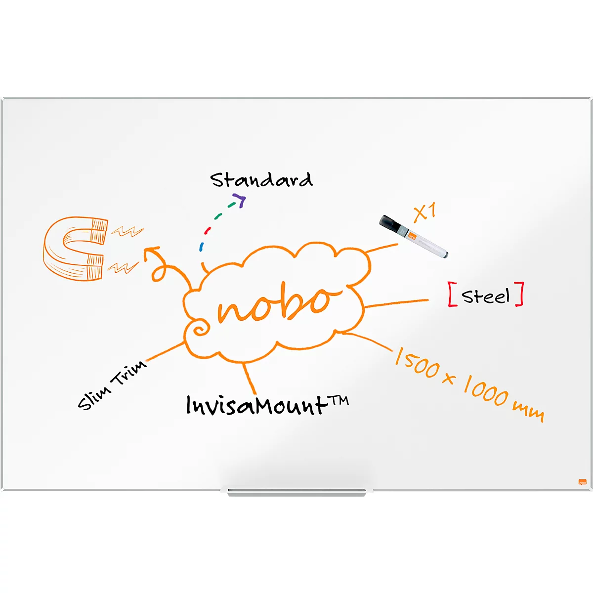 Tableau blanc Prestige nobo - cadre alu - surface Nano Clean - l. 1500 x H 1000 mm - avec auget
