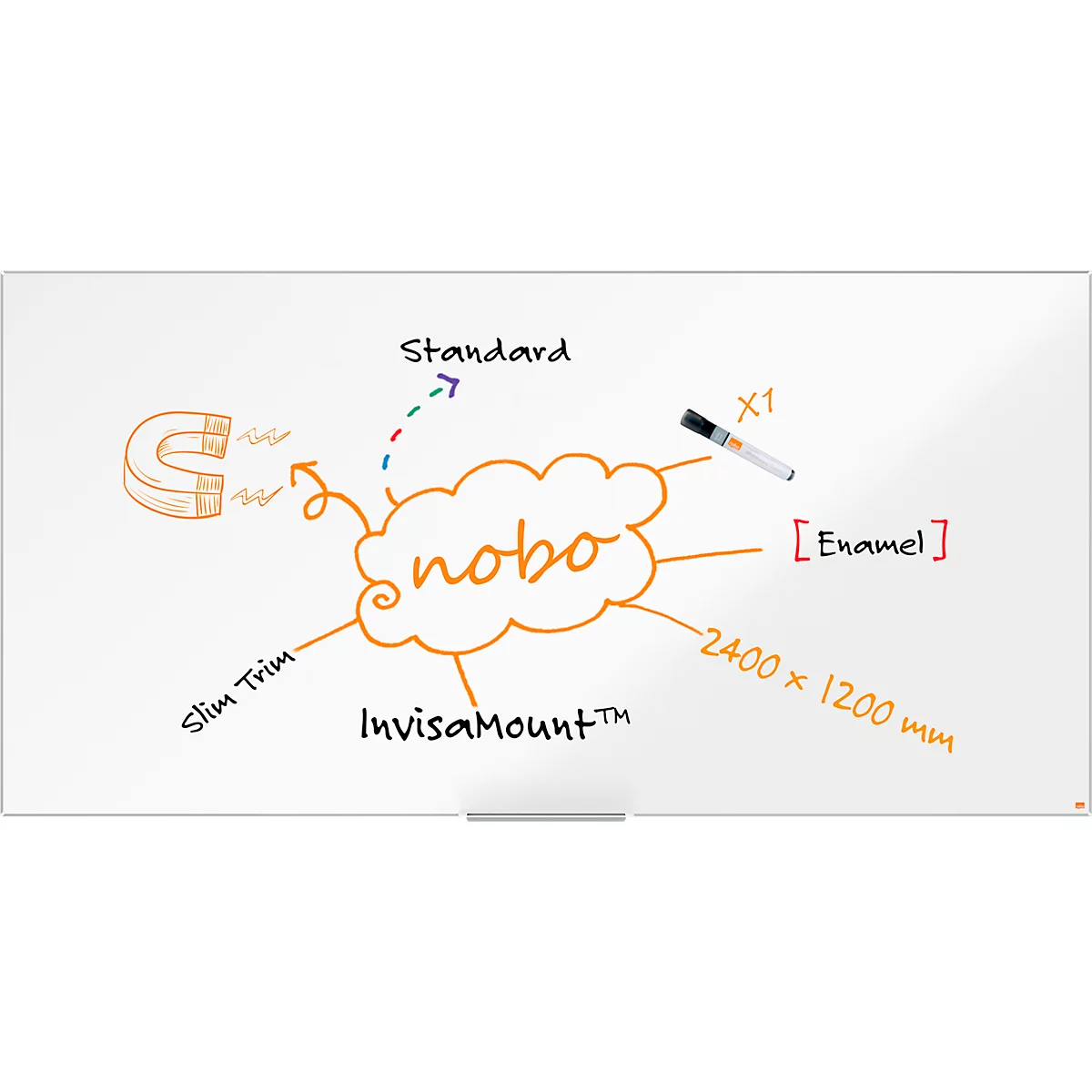 Tableau blanc Prestige nobo - cadre alu - surface Nano Clean - l. 1800 x H 900 mm - avec auget