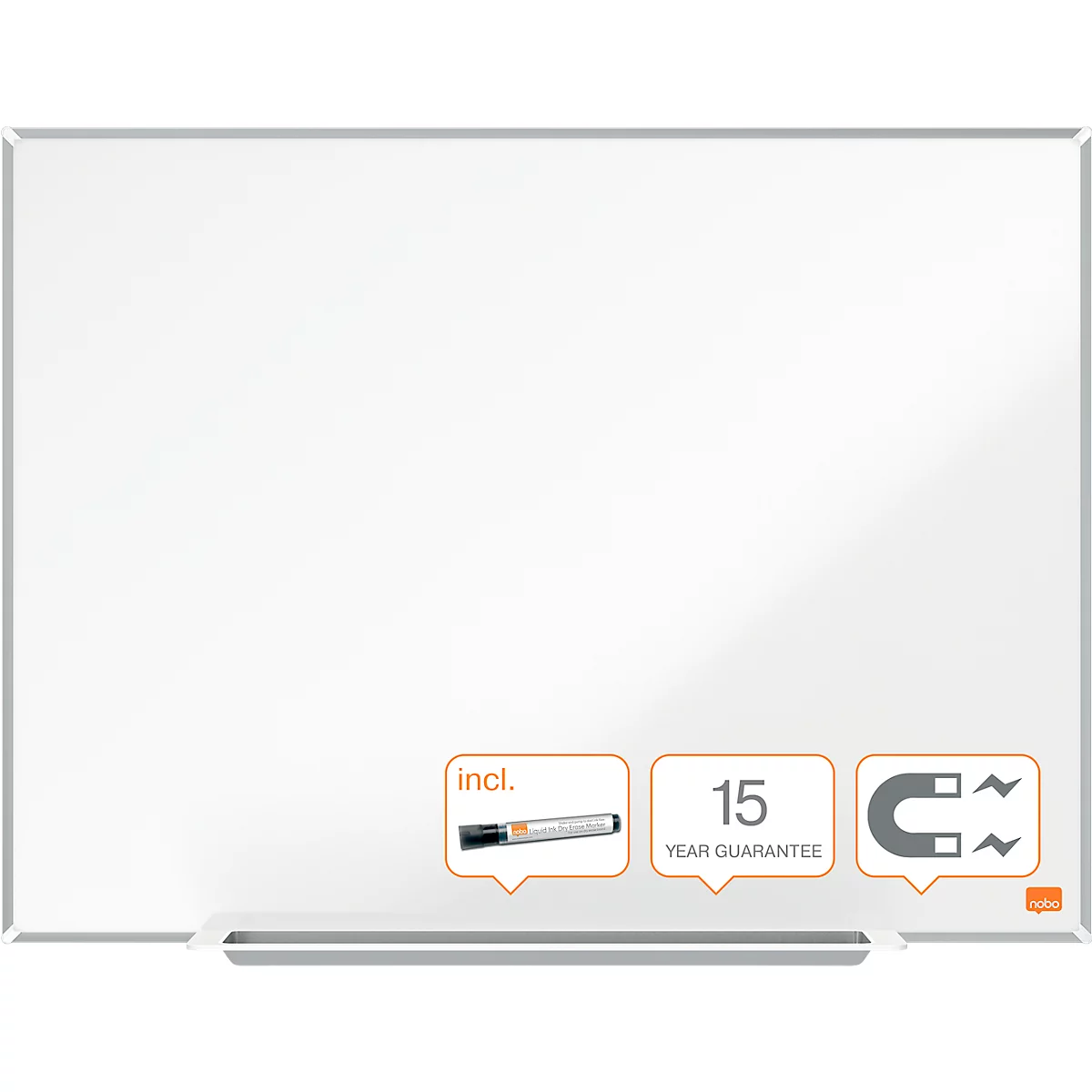 Tableau blanc Prestige nobo - cadre alu - surface Nano Clean - l. 650 x H 450 mm - avec auget