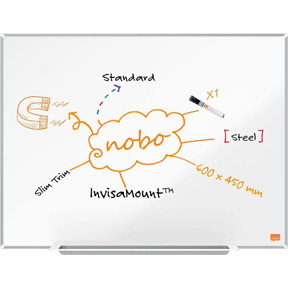 Tableau blanc Prestige nobo - cadre alu - surface Nano Clean - l. 650 x H 450 mm - avec auget