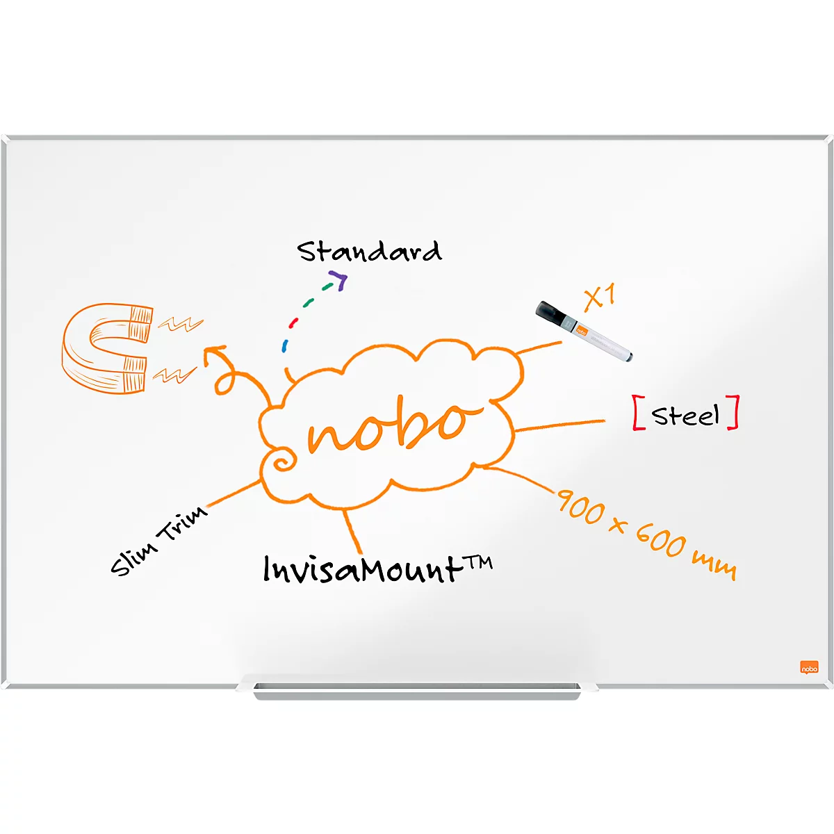 Tableau blanc Prestige nobo - cadre alu - surface Nano Clean - l. 900 x H 600 mm - avec auget