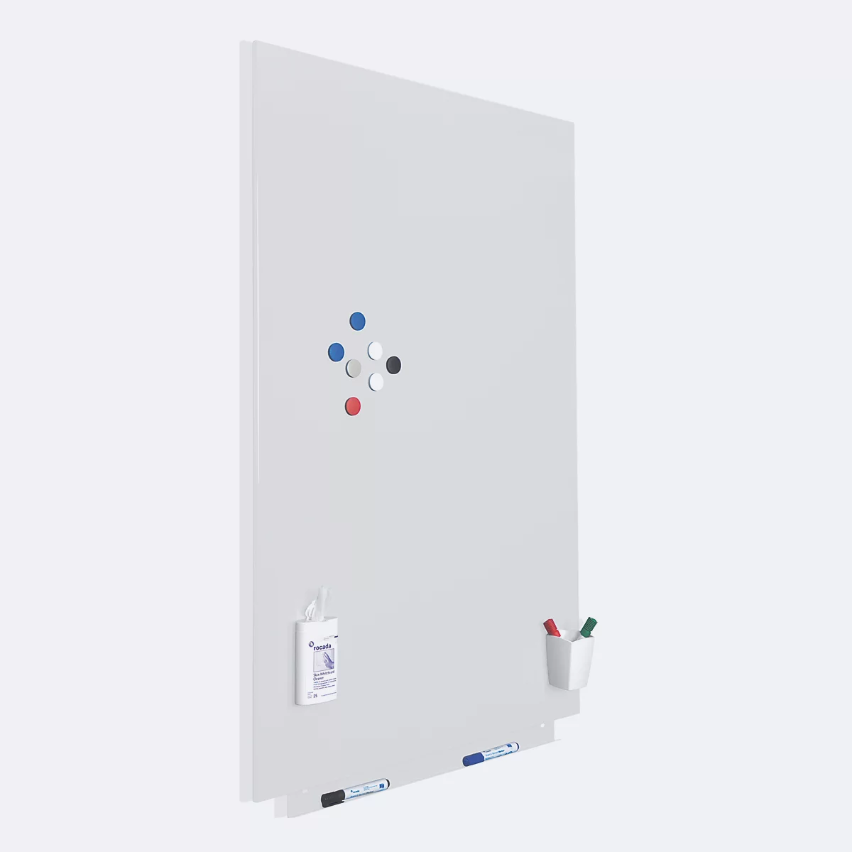Grand tableau magnétique blanc, aimants, porte-stylos, stylos et marqueurs.
