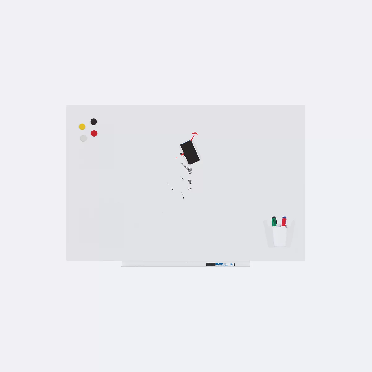 Un tableau blanc avec des marqueurs, des aimants et un porte-stylo.