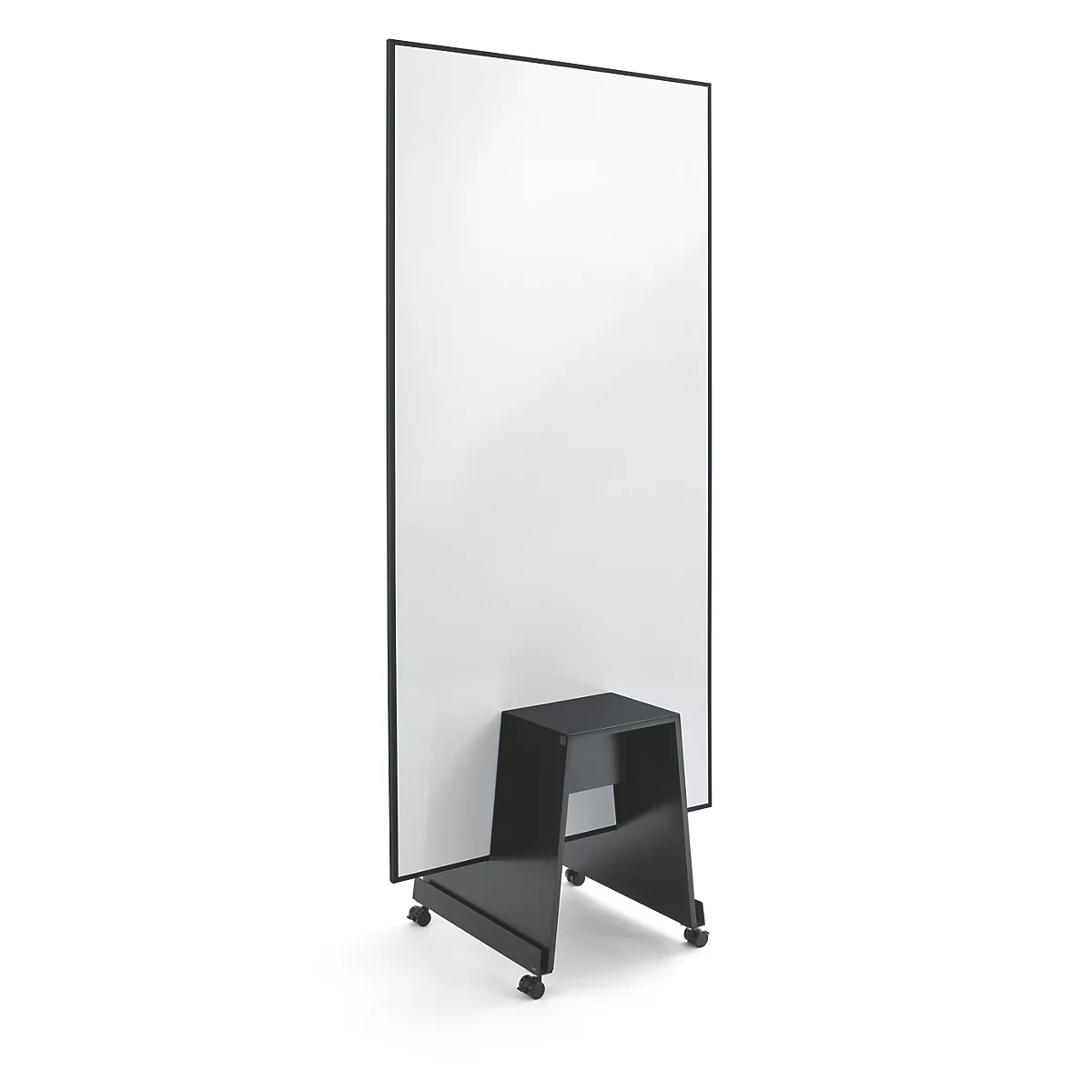 Un tableau blanc vertical avec un cadre noir sur un support mobile noir, présenté sur un fond blanc.