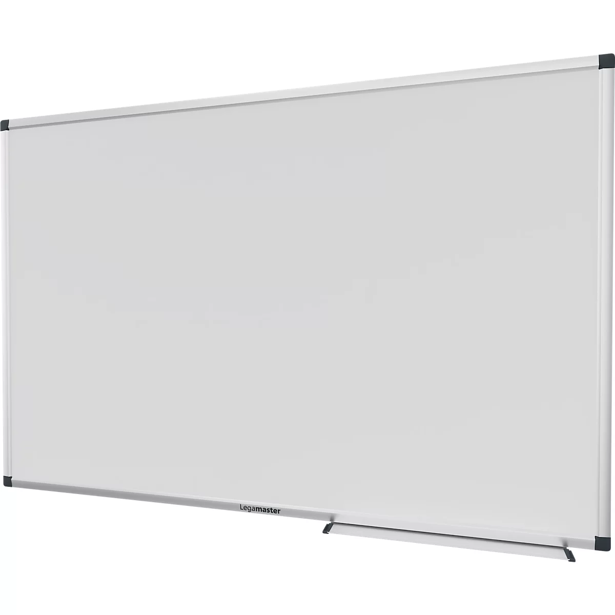 Un tableau blanc rectangulaire avec un cadre argenté. En dessous, un porte-stylo.