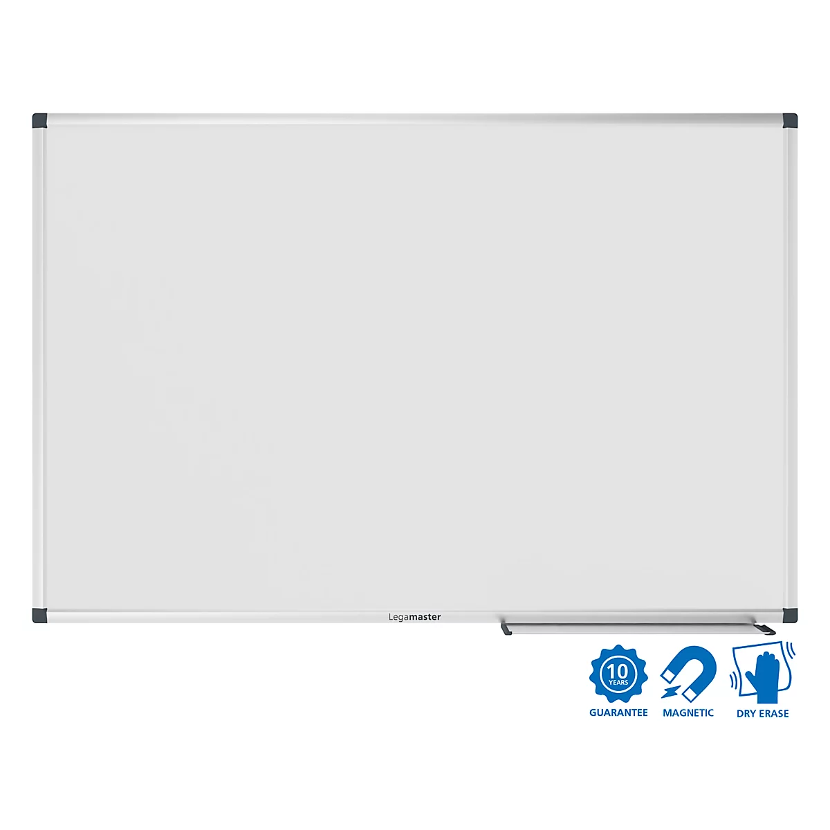 Tableau blanc avec cadre argenté. En bas, un porte-stylos et trois pictogrammes : Garantie, Magnétique et Effaçable à sec.