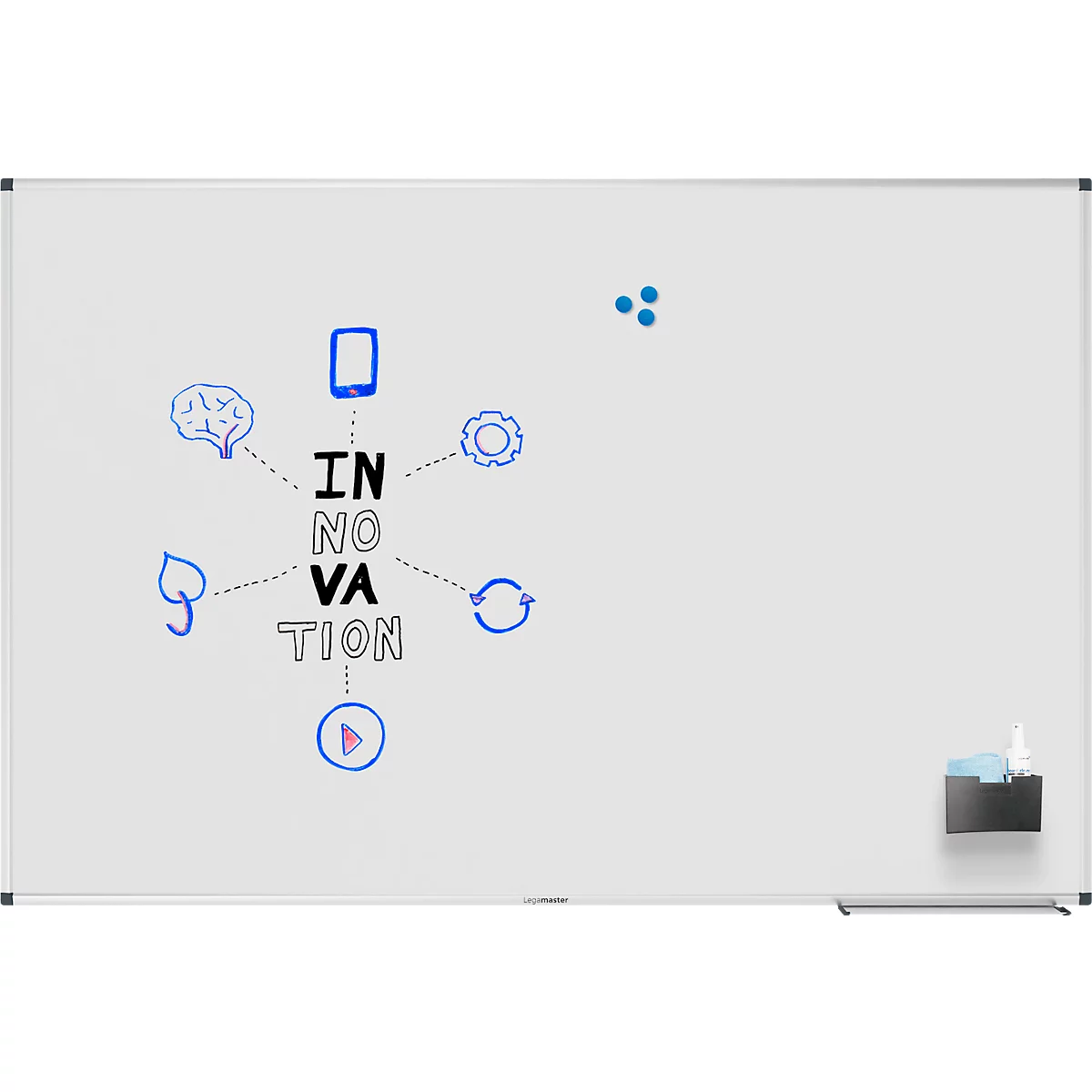 Un tableau blanc avec des symboles bleus dessinés entourant le mot Innovation.