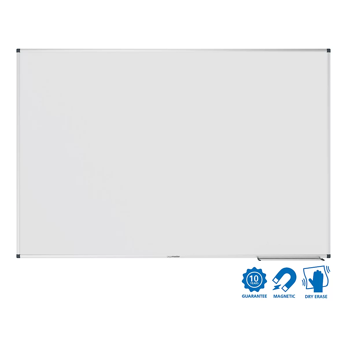 Un tableau blanc magnétique rectangulaire avec un cadre argenté. En bas à droite se trouvent des symboles de garantie, magnétique et effaçable à sec.