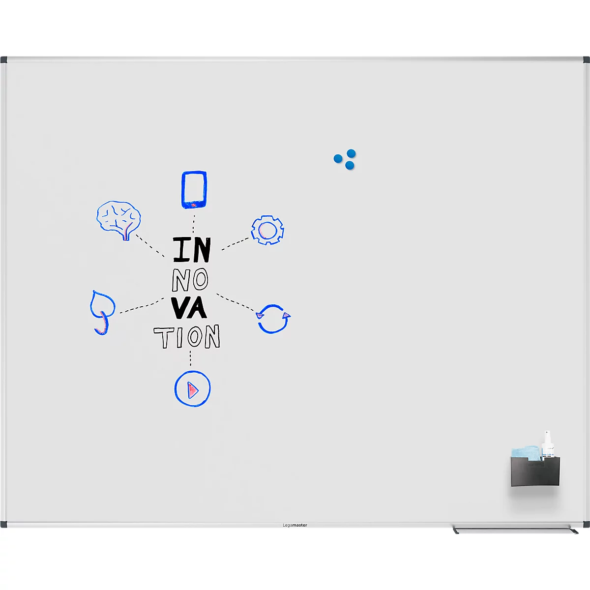 Sur un tableau blanc, le mot "INNOVATION" est affiché en bleu dans un diagramme, avec des symboles tels qu'un cerveau, un smartphone et une feuille.