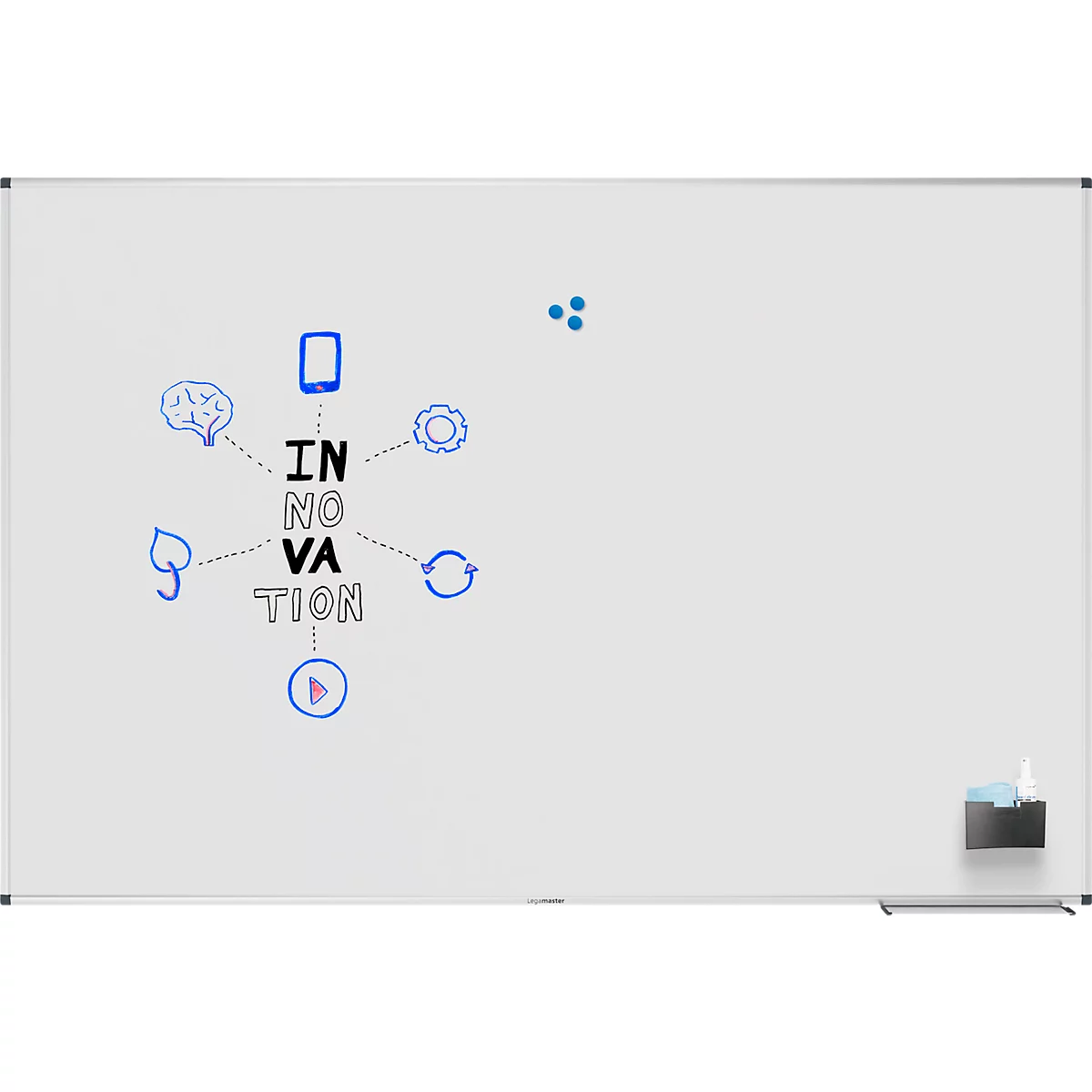 Sur un tableau blanc, le mot "INNOVATION" est entouré d'icônes et d'un smartphone.