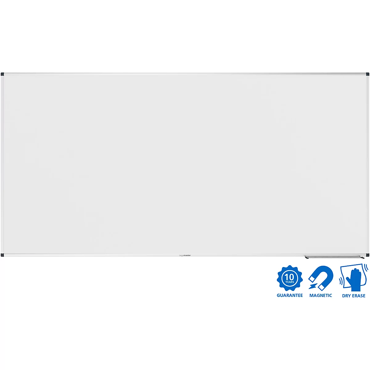 Grand tableau blanc rectangulaire avec des coins noirs. Inscription en bas : Garantie, magnétique, effaçable à sec.