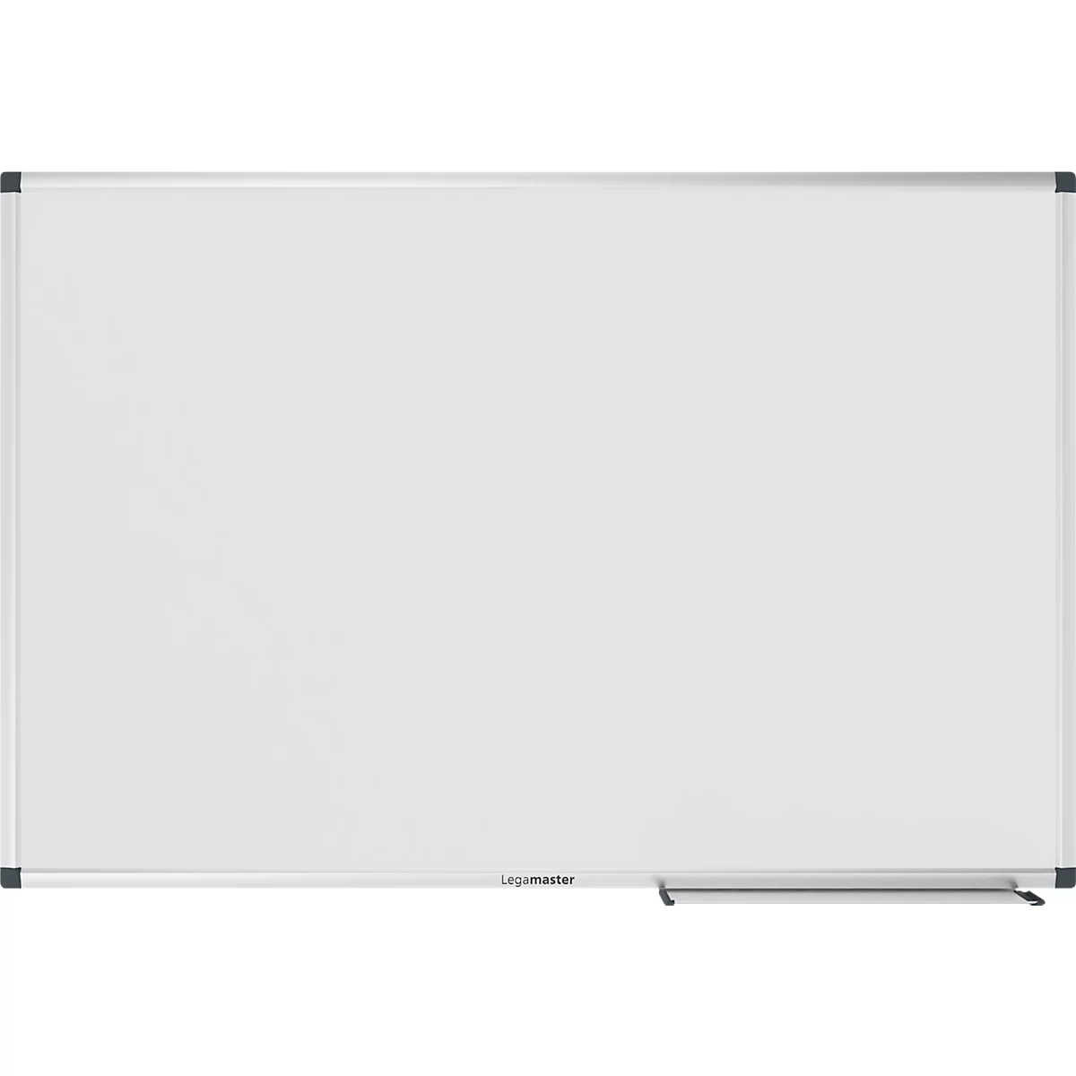 Tableau blanc avec cadre argenté. Un porte-stylo en bas à droite. "Legamaster" est écrit en bas.