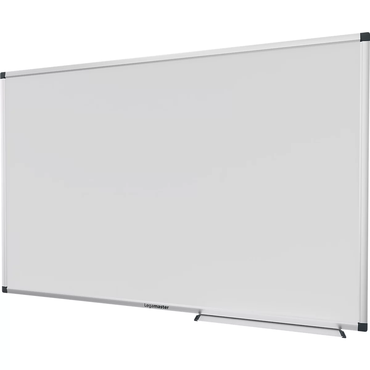 Grand tableau blanc rectangulaire avec un cadre argenté. Connecteurs d'angle noirs et un porte-stylos.