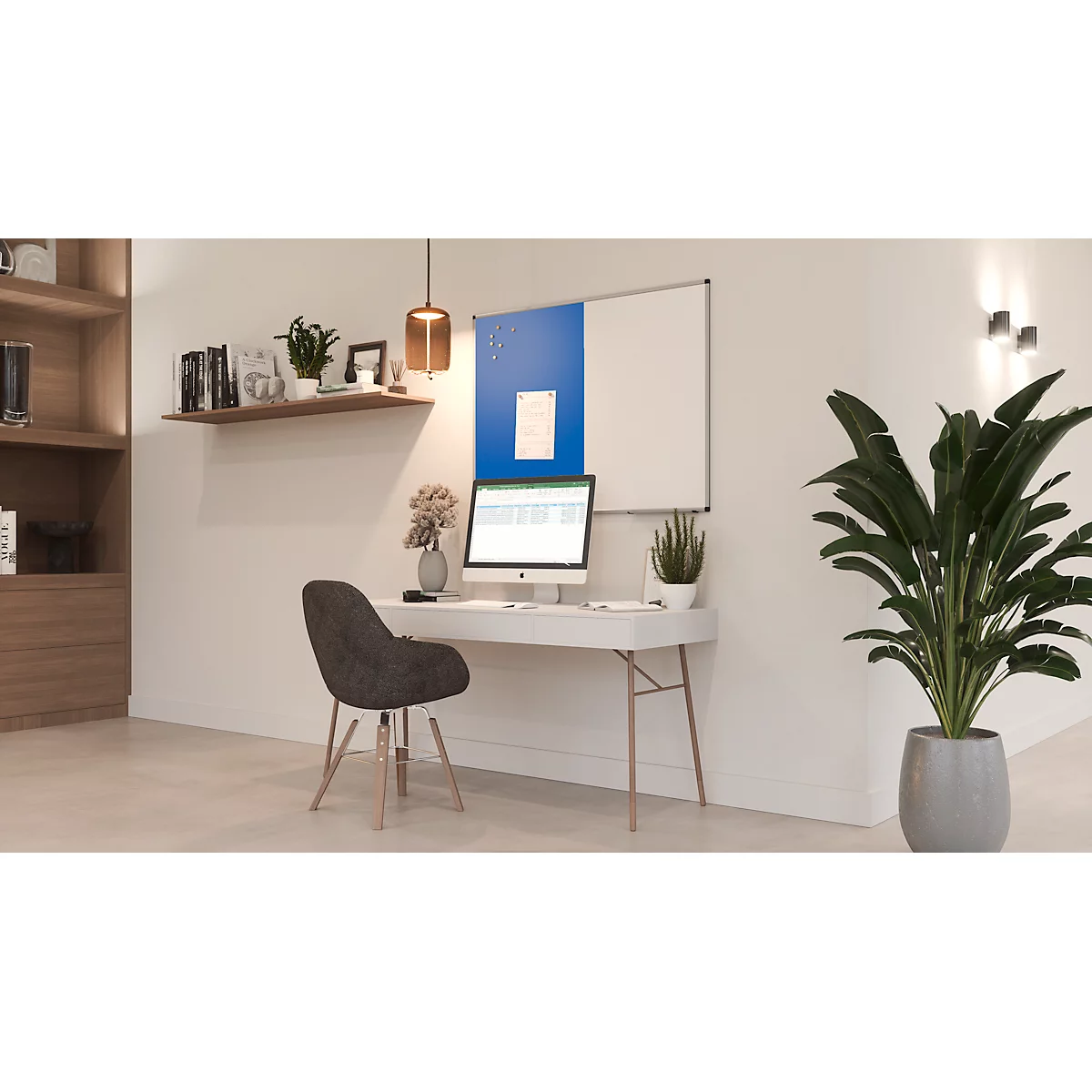 Tableau combiné Legamaster UNITE, tableau d'affichage &amp; tableau blanc, L 1200 x P 12,6 x H 900 mm, support pour marqueurs, acier laqué &amp; feutre, blanc &amp; bleu