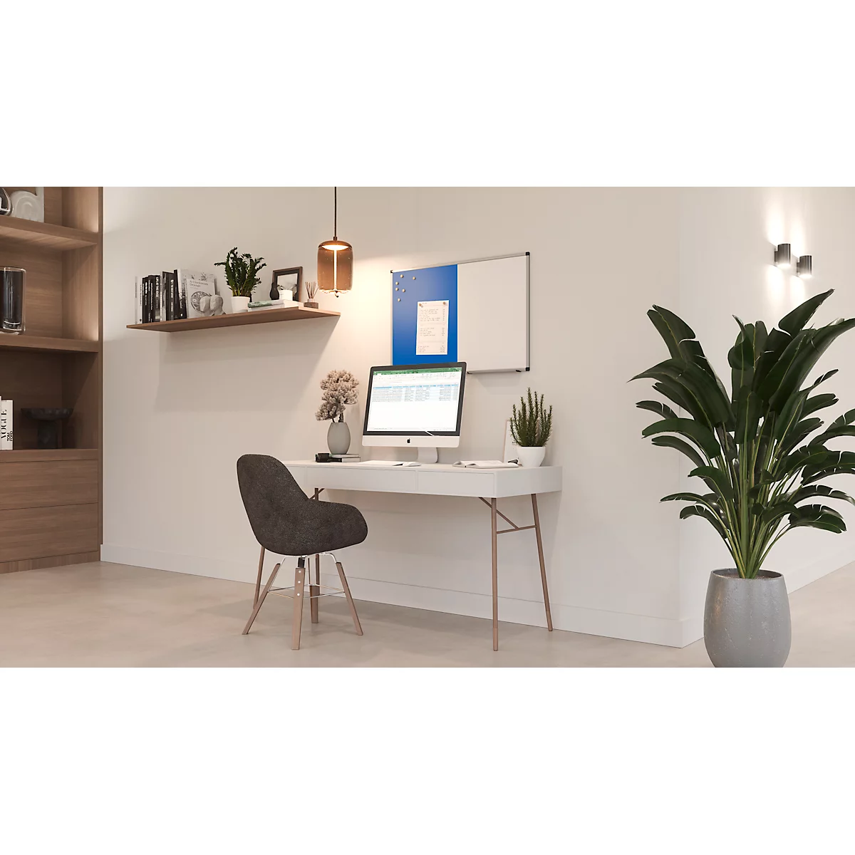 Tableau combiné Legamaster UNITE, tableau d'affichage &amp; tableau blanc, L 900 x P 12,6 x H 600 mm, support pour marqueurs, acier laqué &amp; feutre, blanc &amp; bleu