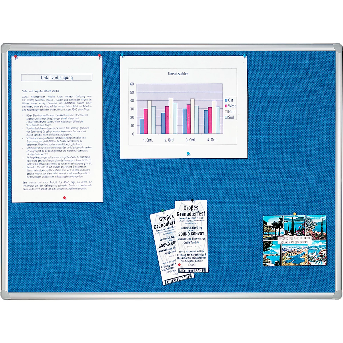 Tableau d'affichage Franken PRO, feutre, montage mural, format vertical/transversal, aluminium, bleu, 900 x 600 mm