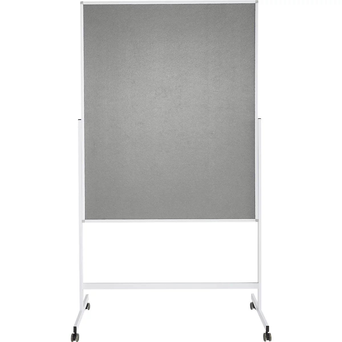 Tableau d'affichage gris, encadré par un cadre blanc. Le tout repose sur des roulettes.