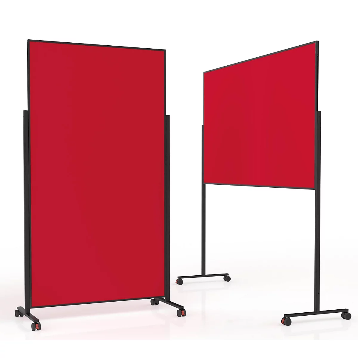 Deux cloisons mobiles avec des panneaux rouge vif sur des structures noires à roulettes sur fond blanc.