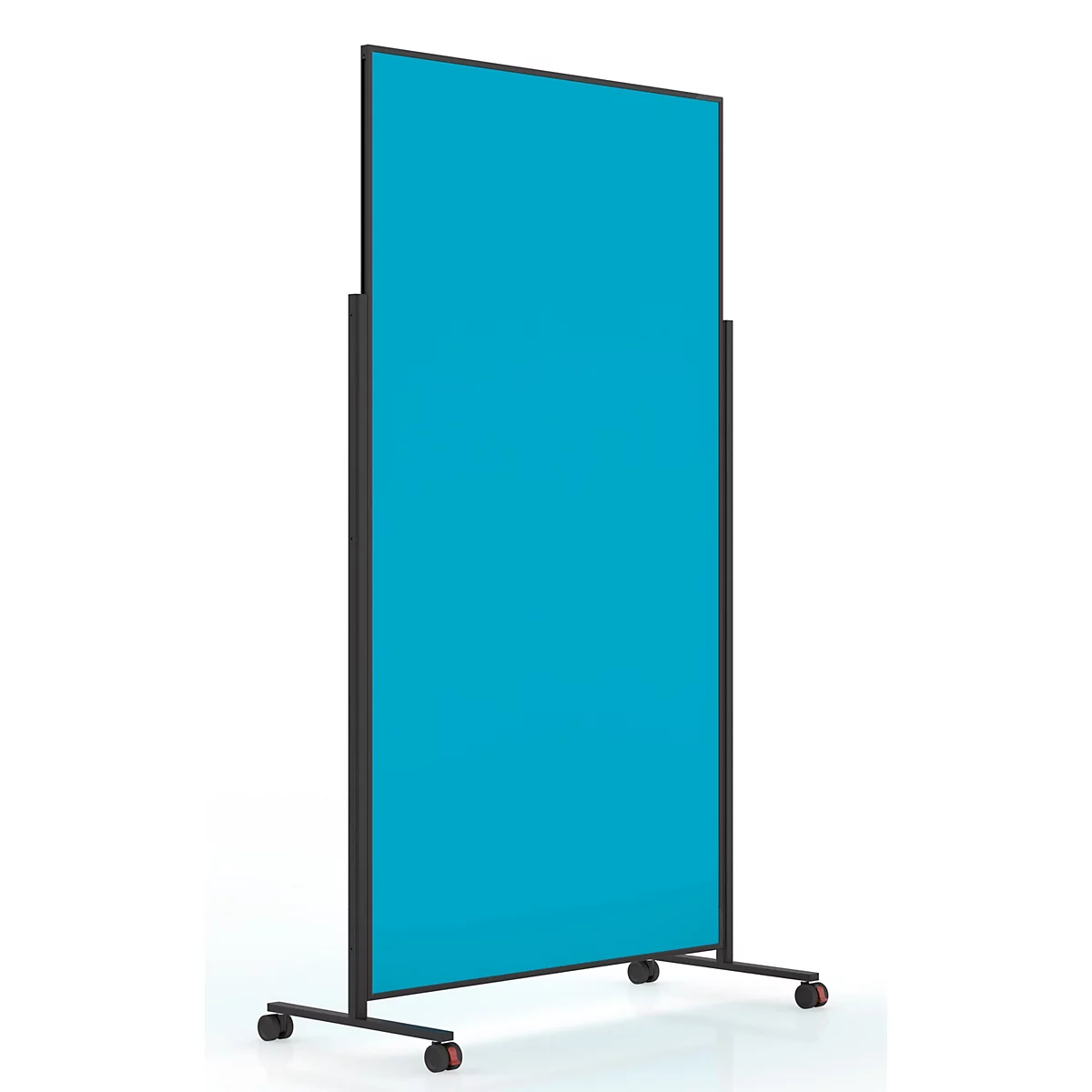 Paravent rectangulaire turquoise sur un cadre noir à roulettes sur fond blanc.