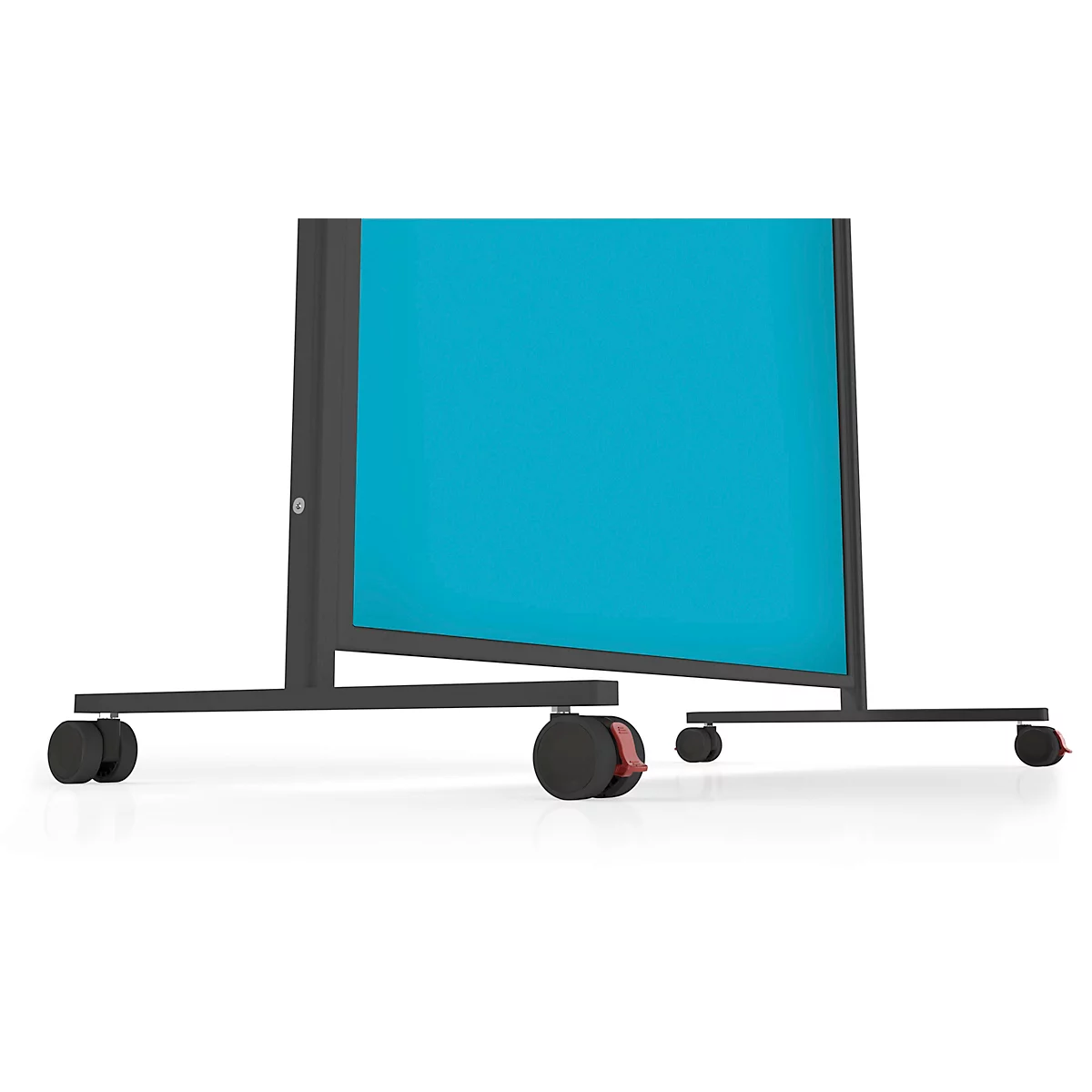 Cloison mobile avec revêtement en tissu turquoise et cadre en métal noir sur roulettes.
